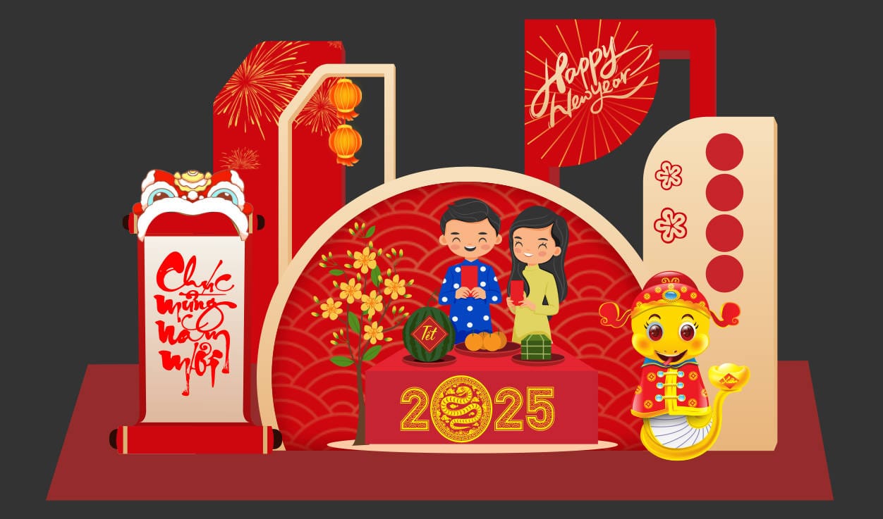 1122422 file thiết kế mô hình decor trang trí chụp ảnh tết năm mới Ất Tỵ 2025 corel x7