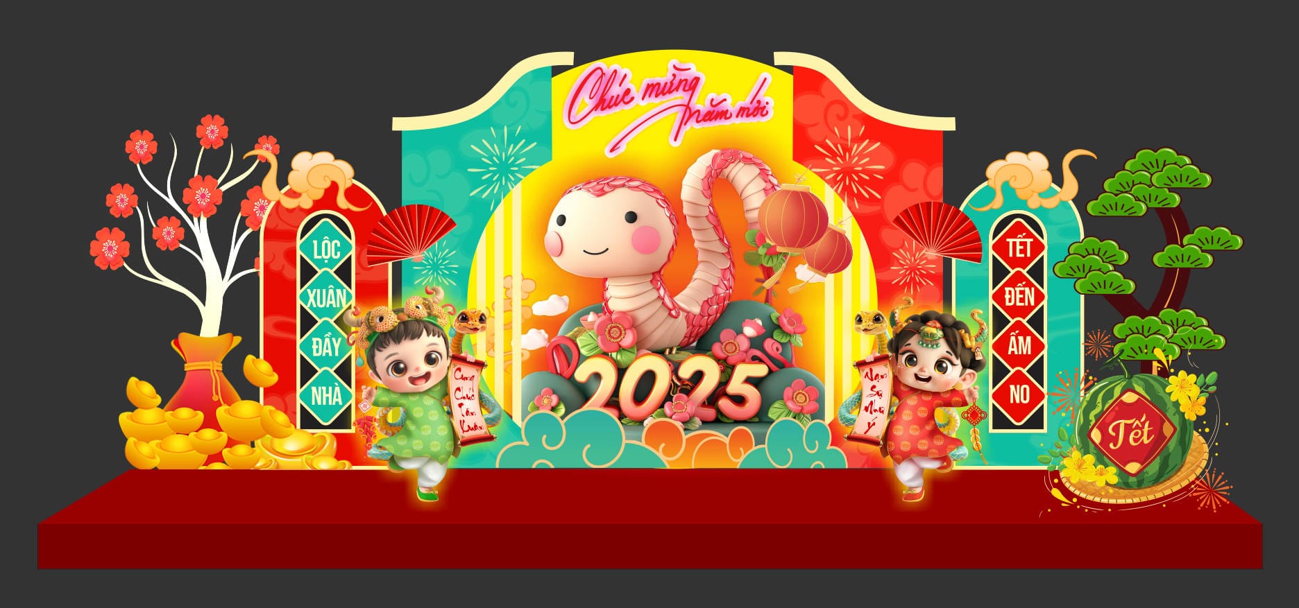 1122431 file thiết kế mô hình decor trang trí chụp ảnh tết năm mới Ất Tỵ 2025 corel x7