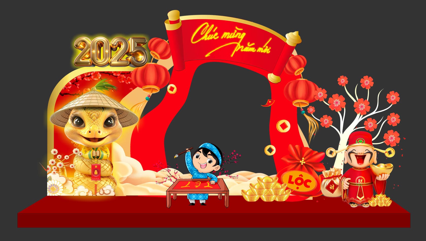 1122432 file thiết kế mô hình decor trang trí chụp ảnh tết năm mới Ất Tỵ 2025 corel x7