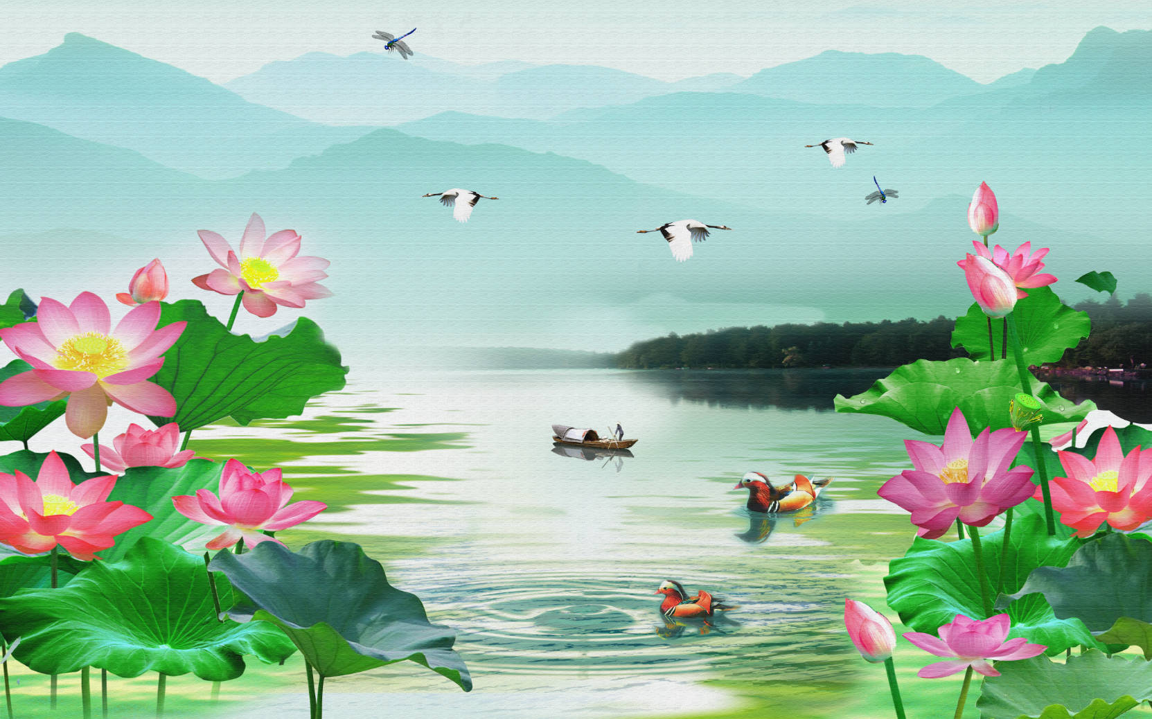 612253 tranh tường hồ nước hoa sen file PSD