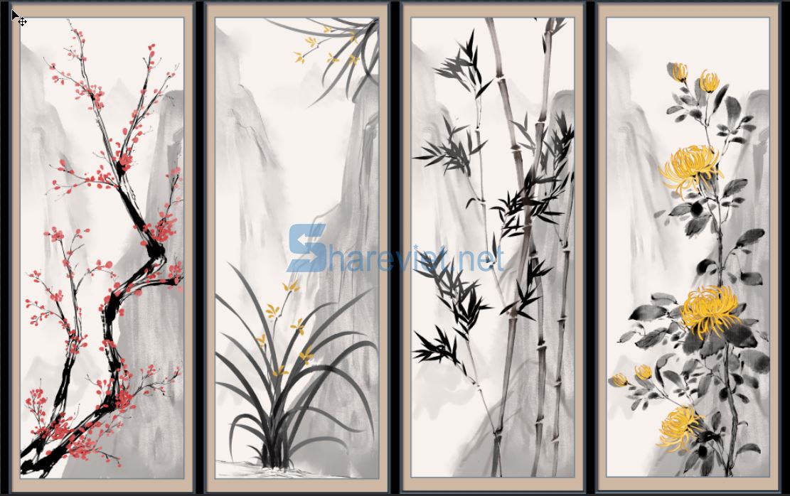 352620 tranh tường tứ quý mai lan trúc cúc file PSD