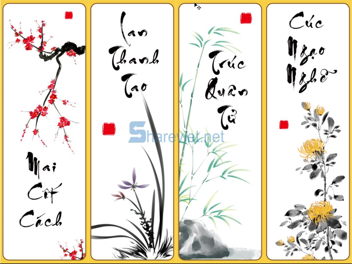 352622 tranh tường tứ quý mai lan trúc cúc file PSD