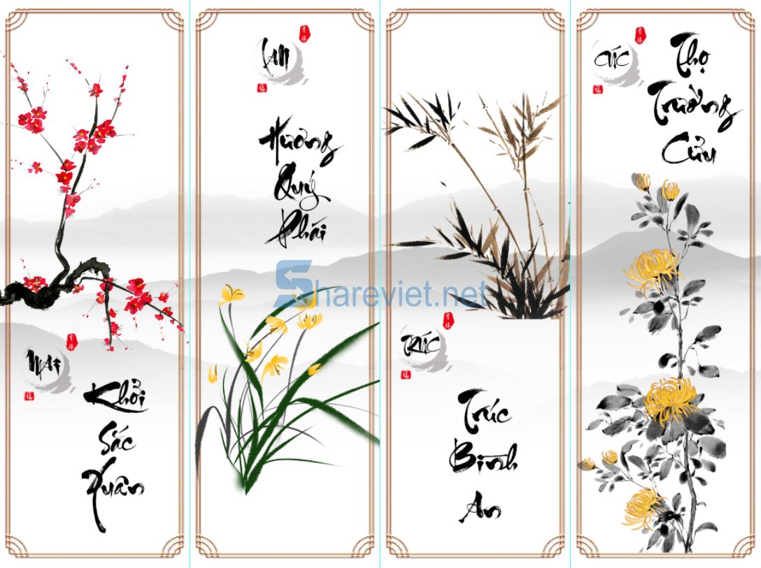 352623 tranh tường tứ quý mai lan trúc cúc file PSD