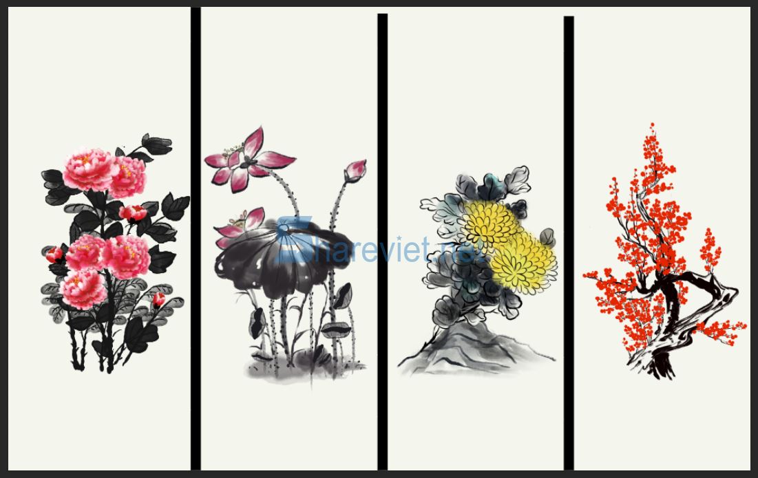 352624 tranh tường tứ quý bốn mùa xuân hạ thu đông file PSD