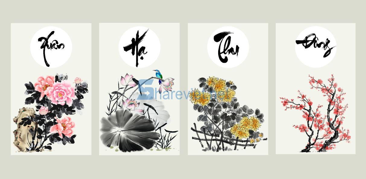 352626 tranh tường tứ quý bốn mùa xuân hạ thu đông file PSD
