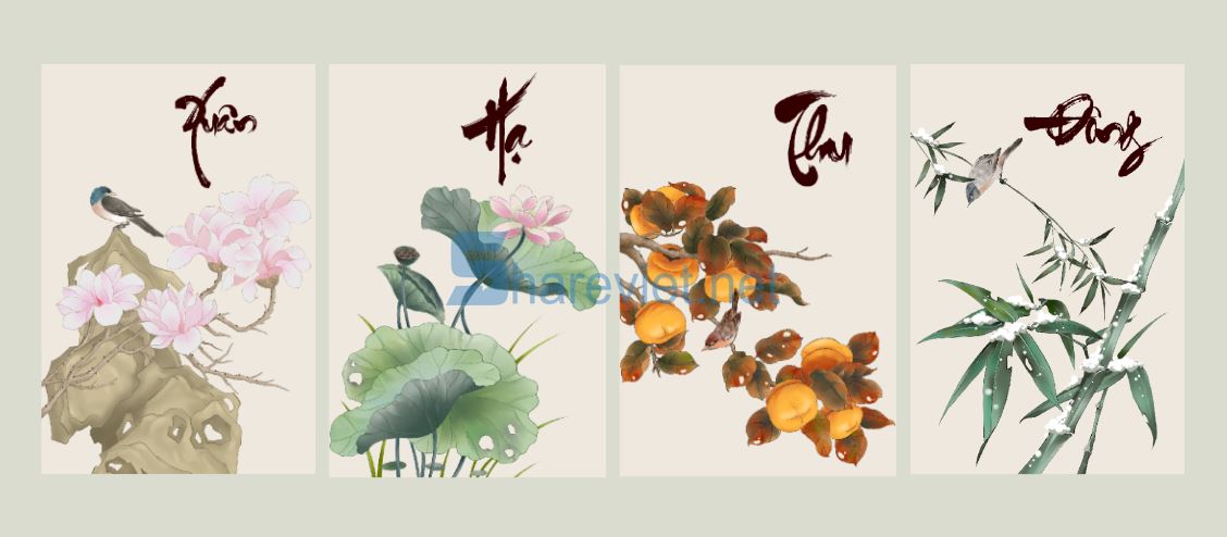 352627 tranh tường tứ quý bốn mùa xuân hạ thu đông file PSD