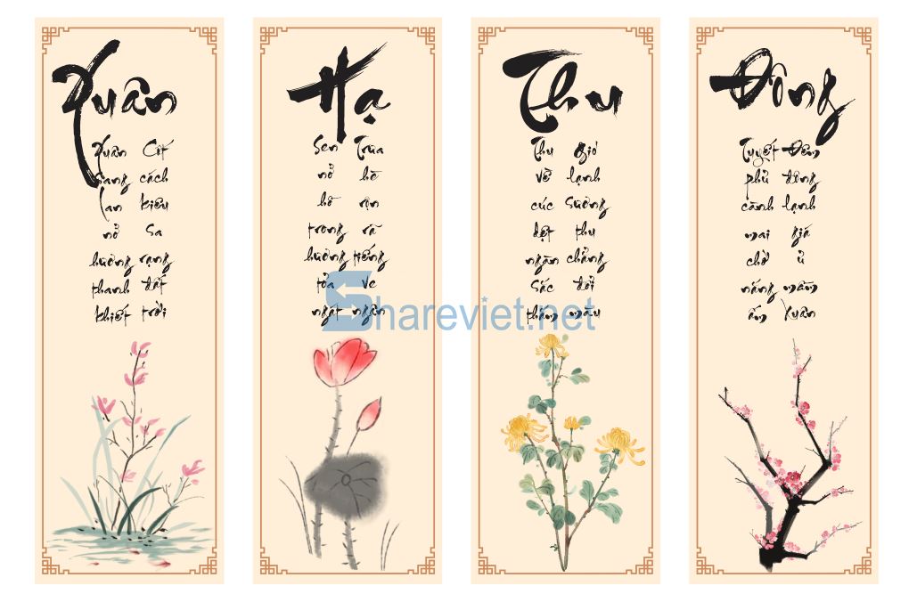 352629 tranh tường tứ quý bốn mùa xuân hạ thu đông file corel x12