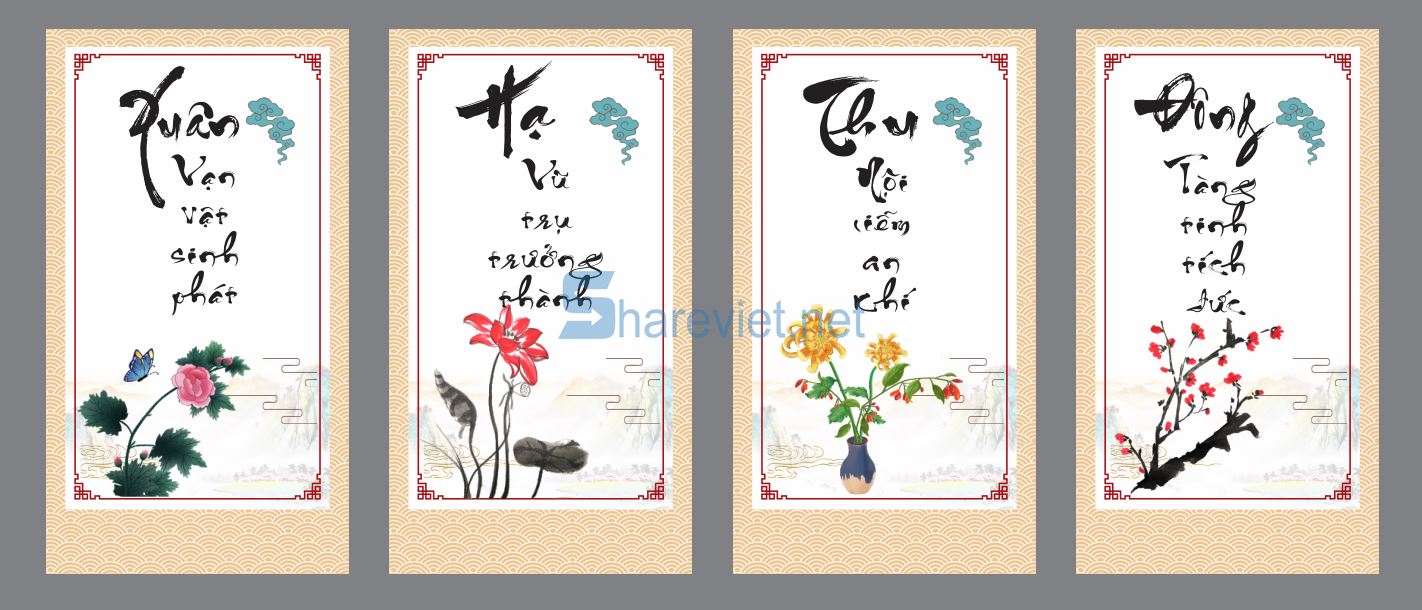 352631 tranh tường tứ quý bốn mùa xuân hạ thu đông file corel x12