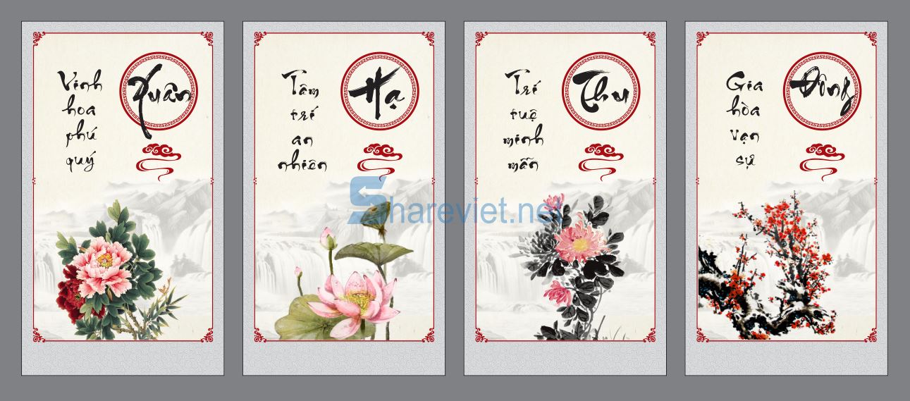 352632 tranh tường tứ quý bốn mùa xuân hạ thu đông file corel x12