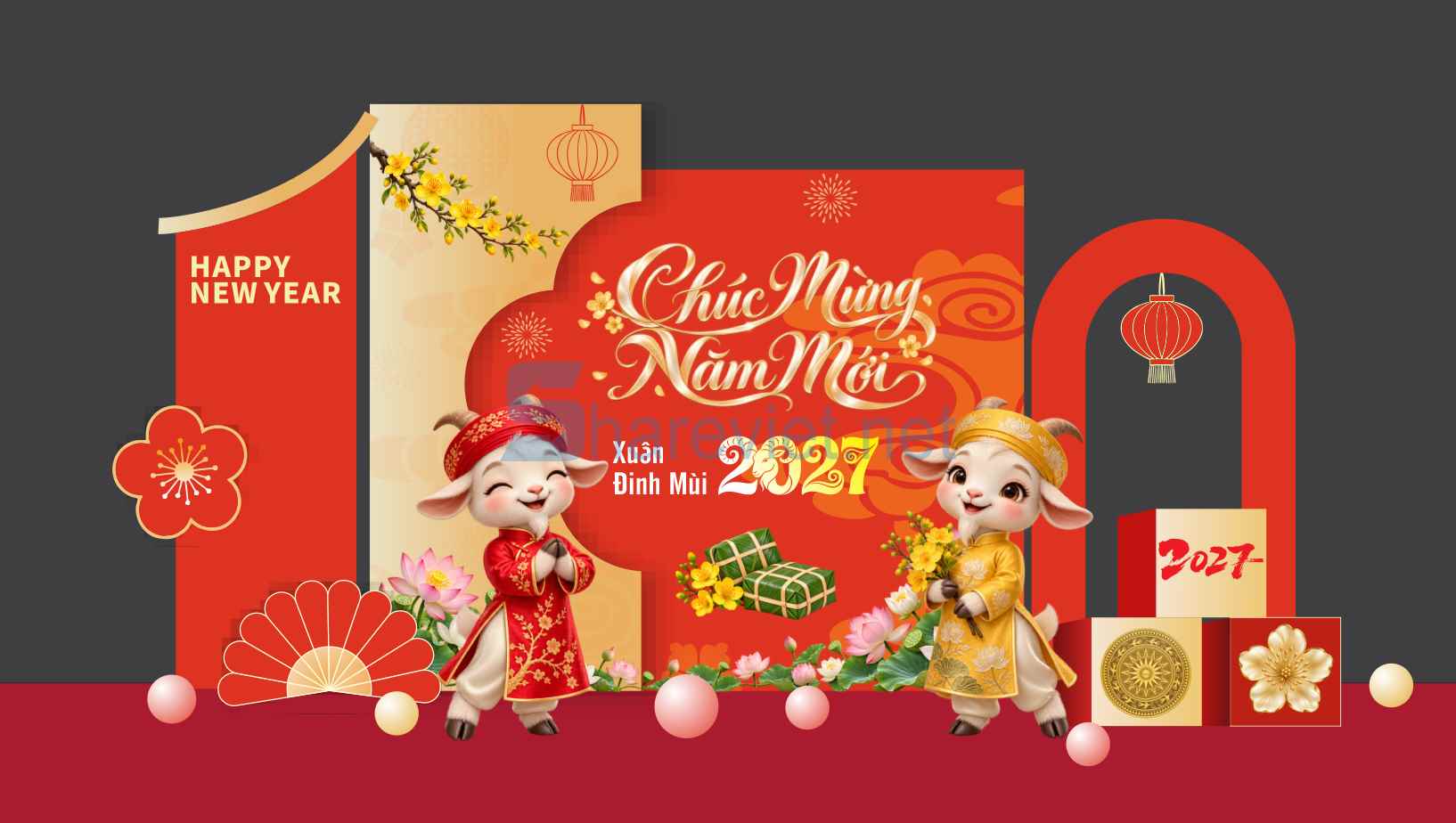 110261 file thiết kế mô hình decor chụp ảnh tết năm mới xuân Đinh Mùi 2027 corel x7