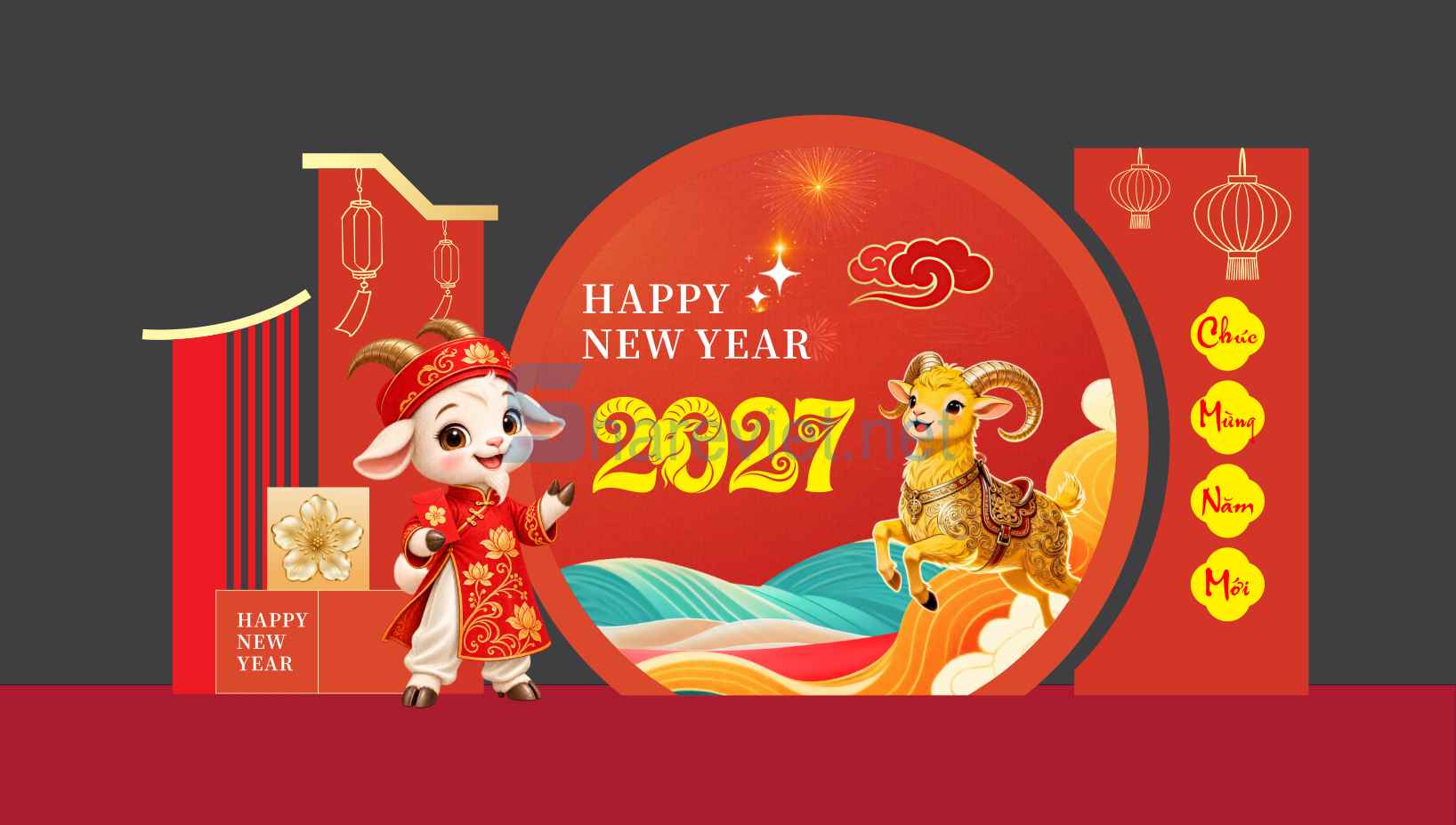 110263 file thiết kế mô hình decor chụp ảnh tết năm mới xuân Đinh Mùi 2027 corel x7